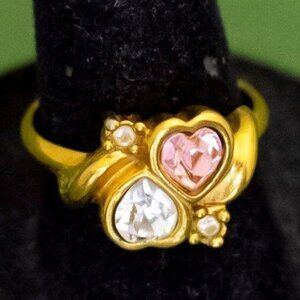 Size 7, Vintage Multi Hearts Pink Colorless Rhinestones Ring by Avon, K31